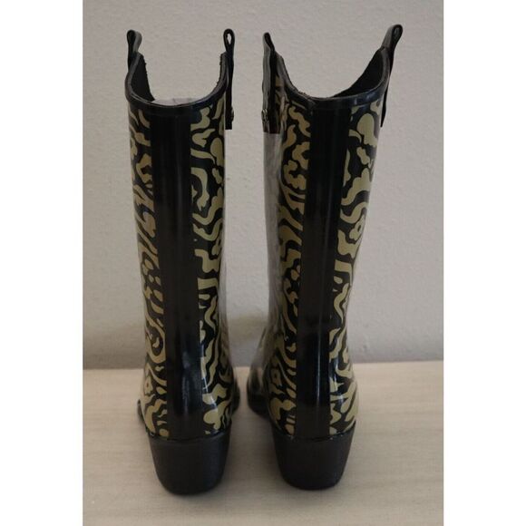 Nomad Women's Sz 6 Black/Tan Animal Print Yippy Pointy Toe Rubber Rain Boots - Picture 2 of 8